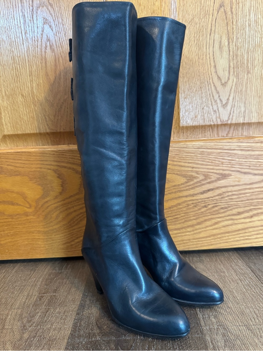 Vintage Arnold Churgin Black Leather Bow Boots Italy 34.5